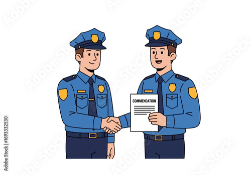 Two police officers celebrate a job well done with a handshake and commendation document. Suitable for law enforcement concepts.
