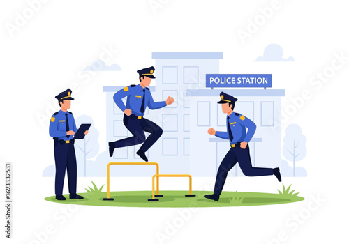 Three police officers engage in physical training outdoors at the station, running laps and jumping hurdles.  