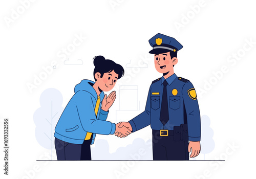 Young woman shakes police officers hand, expressing gratitude. Suitable for depicting appreciation, law enforcement support, community relations, and partnership.