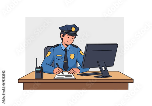 Police officer working at a computer desk, suitable for law enforcement or officerelated concepts. 