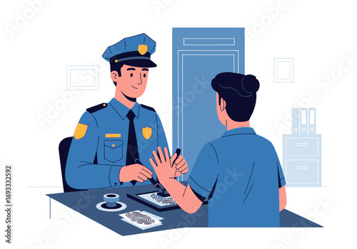 Police officer takes fingerprints from a person. Suitable for crime investigation, forensic science, law enforcement, identity verification, police procedures.