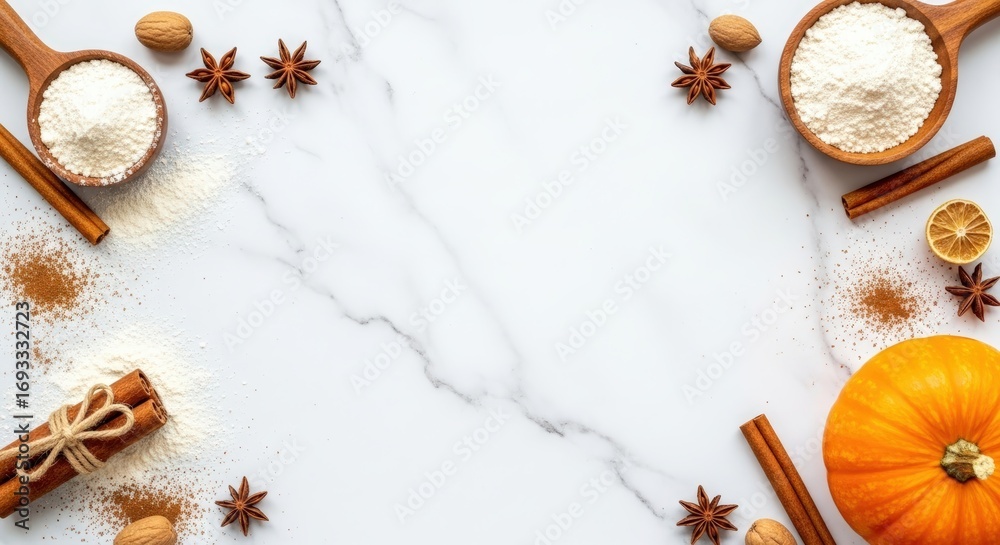 Fototapeta premium Pumpkin Spice Ingredients with Cinnamon Star Anise Nutmeg and Flour on White Marble Surface