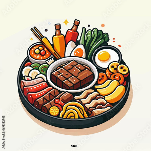 A vibrant cartoonstyle plate of diverse foods neatly arranged in a circular pattern