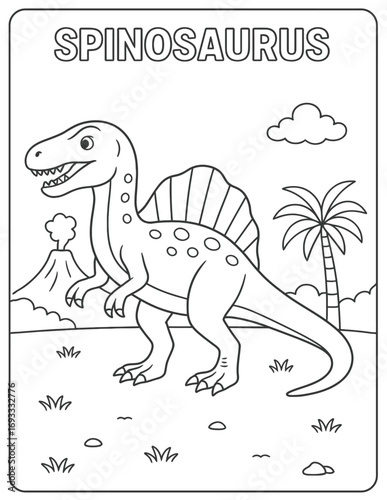 Spinosaurus coloring page with volcano, palm tree, and cloud in black and white style