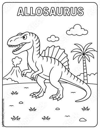 Allosaurus coloring page with volcano, clouds, and palm tree in a line art style