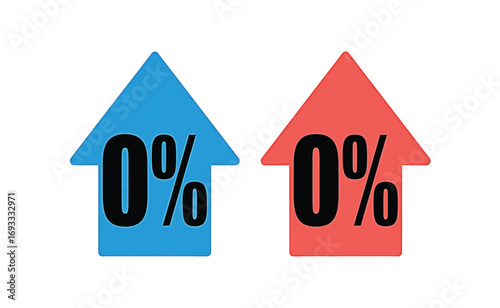 Graphic featuring two upward arrows, one blue, one red, both with '0%', representing zero interest, no increase, and stable financial conditions