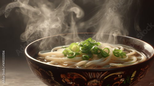 湯気が立つ、熱々のうどん