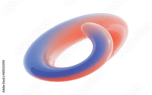 Abstract 3D rendering of a fluid gradient torus shape with a smooth glossy surface blending red and blue colors, isolated on white background