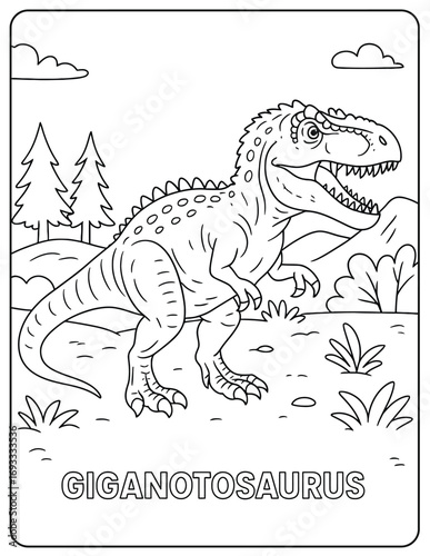 Giganotosaurus coloring page with trees, clouds, and bushes in a black and white scene