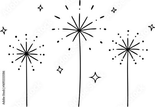 Simple Line Drawing of Three Fireworks with Stars