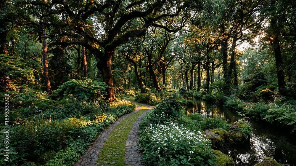 Fototapeta premium Path through lush green forest with trees and foliage in sunlight.