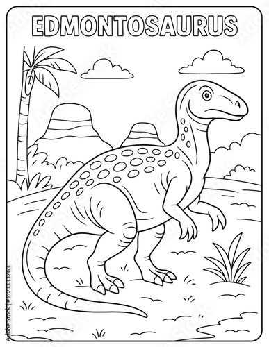 Edmontosaurus dinosaur outlined in a coloring page with palm tree and clouds scene