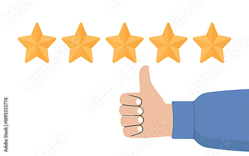 Five golden stars indicating excellent quality service or product, with a hand giving a thumbs-up gesture for approval and satisfaction