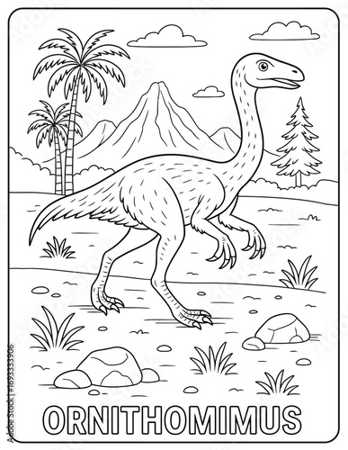 Ornithomimus coloring page with palm trees, mountains, and a coniferous tree outline