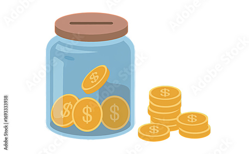 Money Jar Illustration A Clear Glass Jar Filled with Gold Coins, Symbolizing Savings, Wealth Accumulation, and Financial Goals