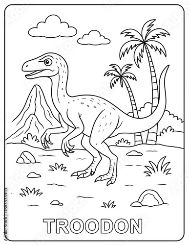 Troodon dinosaur in black and white coloring page with palm trees and mountain scene