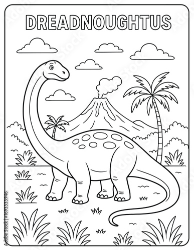 Dreadnoughtus dinosaur coloring page with volcano, palm trees and clouds illustration