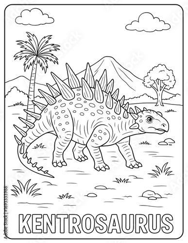 A kentrosaurus dinosaur in a black and white line drawing with a prehistoric scene