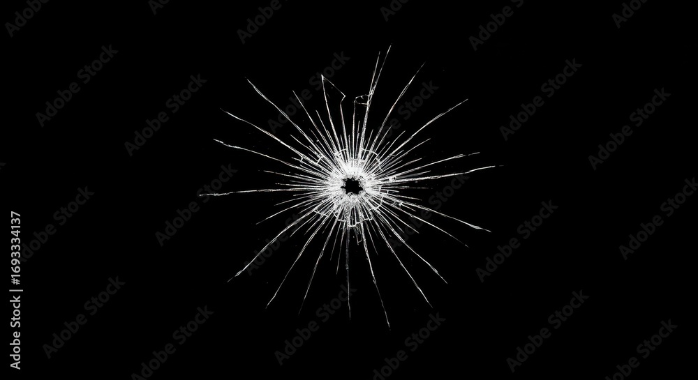 Fototapeta premium Shattered Illusion: A close-up view of a glass pane, violently pierced by a bullet, revealing a complex starburst fracture pattern against a stark black backdrop.
