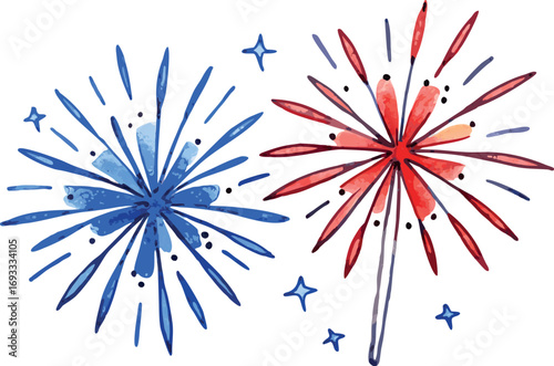 Hand drawn watercolor style illustration of two fireworks in red and blue colors for Independence Day celebration