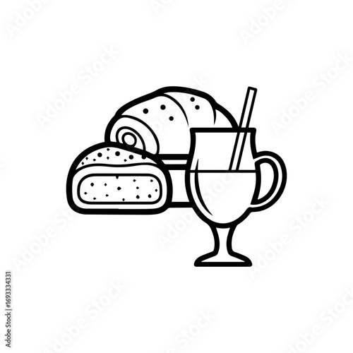 Minimalist line art icon of a coffee break with a croissant a seeded bun and a hot beverage in a glass mug.