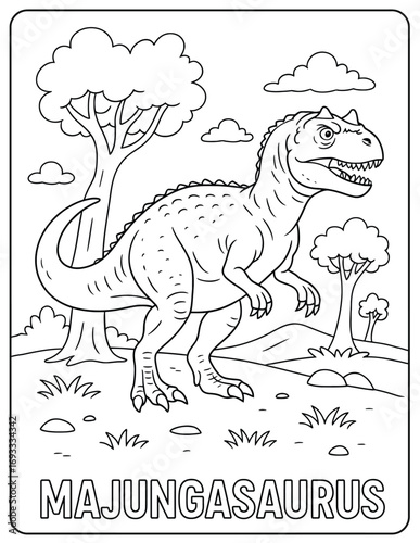 A majungasaurus dinosaur standing in a landscape with trees and clouds coloring page art