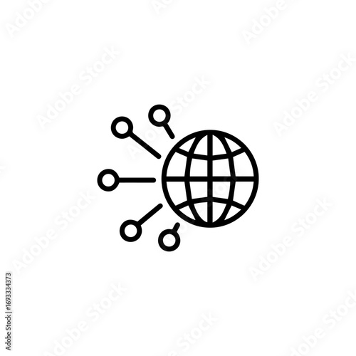 Minimalist global network icon with a gridded sphere and radiating connection points representing worldwide connectivity.