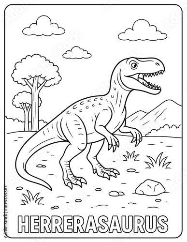 Herrerasaurus coloring page with trees clouds and mountains in a black and white drawing