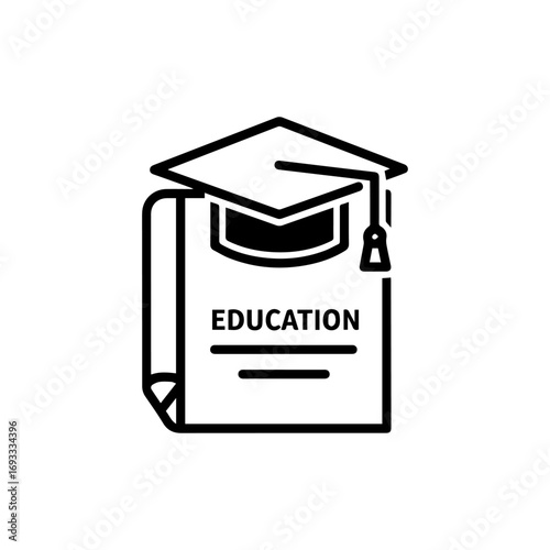 Minimalist line art icon of a graduation cap with a tassel on a book titled Education symbolizing academic achievement.