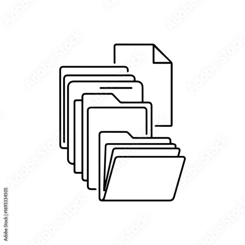 Minimalist line art icon of stacked file folders an open folder and a single document page.