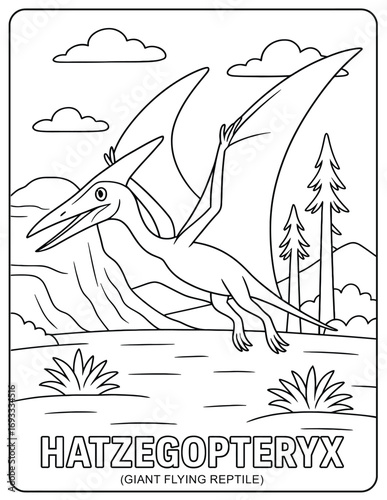 Hatzegopteryx coloring page featuring a giant flying reptile over a landscape scene