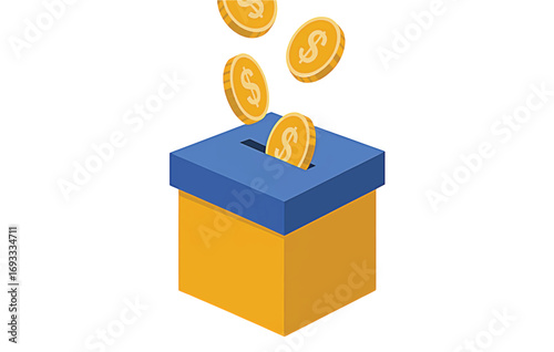 Donation Box with Falling Coins Supporting Charity and Financial Contributions for a Good Cause