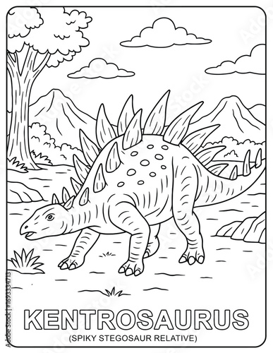 A black and white drawing of a kentrosaurus in a prehistoric landscape coloring page