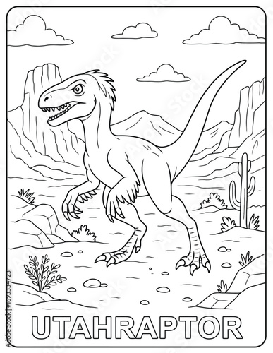 A coloring page of a utahraptor in a desert landscape with mountains and cacti