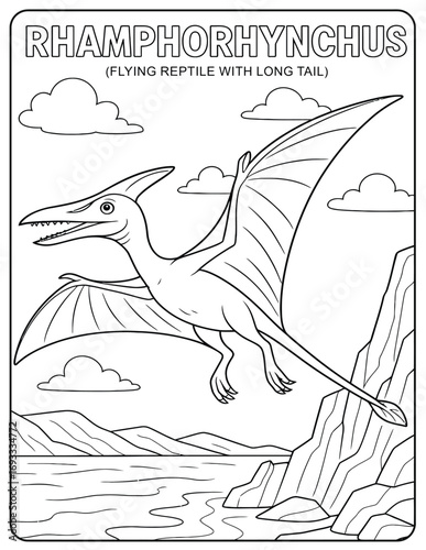 Coloring page of a rhamphorhynchus flying over a landscape with clouds and water body