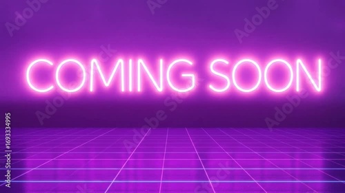 Neon 'Coming Soon' Sign on Grid Background, a Stylish Announcement Graphic