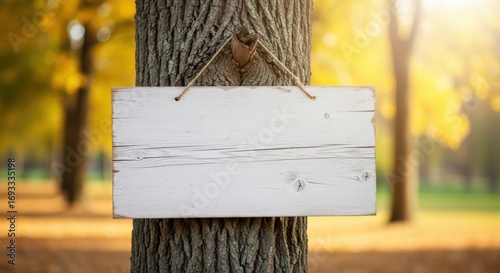 Empty White Wooden Signboard Hanging on Tree in Sunny Park