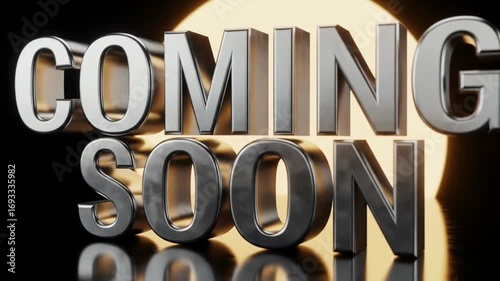 Stylish Coming Soon Announcement with Reflective Metallic Text and Golden Backlight