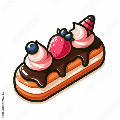 Stylized chocolate eclair pastry with pink cream swirls fresh strawberry and blueberry.