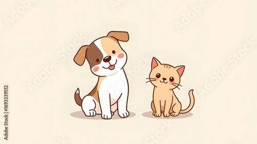 Cute cartoon dog and cat illustration showing friendship and fun