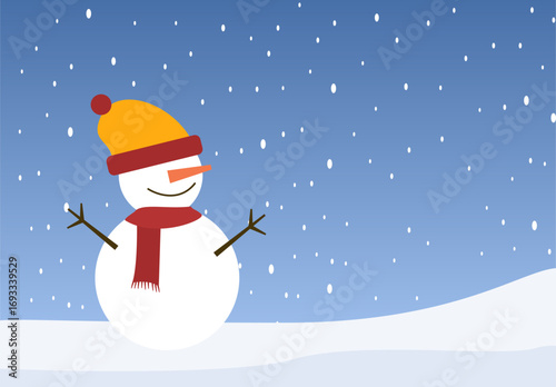 A winter landscape illustration featuring a snowman in a snowy background with falling snow. Perfect for holiday cards, seasonal banners, and festive decorations.