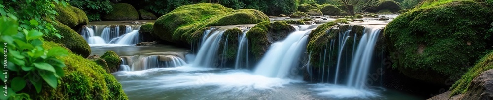 Obraz premium Serene waterfall cascading over mossy rocks, creating a tranquil and relaxing atmosphere Perfect for meditation, spa, or nature themes Enjoy the peaceful sounds of nature , cascading water, quiet