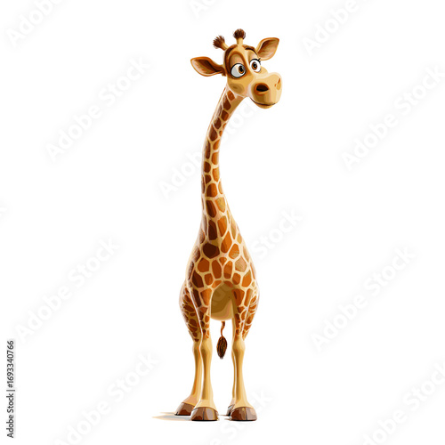 A charming cartoon giraffe standing tall with an inquisitive expression. The giraffe's long neck and spotted pattern highlight its distinctive features