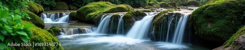 Serene waterfall cascading over mossy rocks, creating a tranquil and relaxing atmosphere Perfect for meditation, spa, or nature themes Enjoy the peaceful sounds of nature , cascading water, quiet