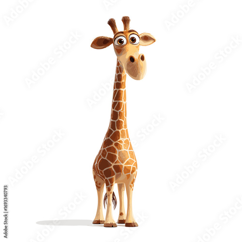 An animated giraffe standing, staring intently forward, with a shadow behind him