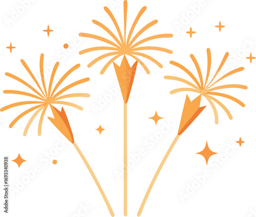 Three Golden Firework Bursts with Starry Accents for Celebrations Holidays and Festive Occasions on a White Background