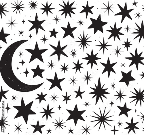 Whimsical hand drawn crescent moon and starry night sky pattern with various star shapes and sizes