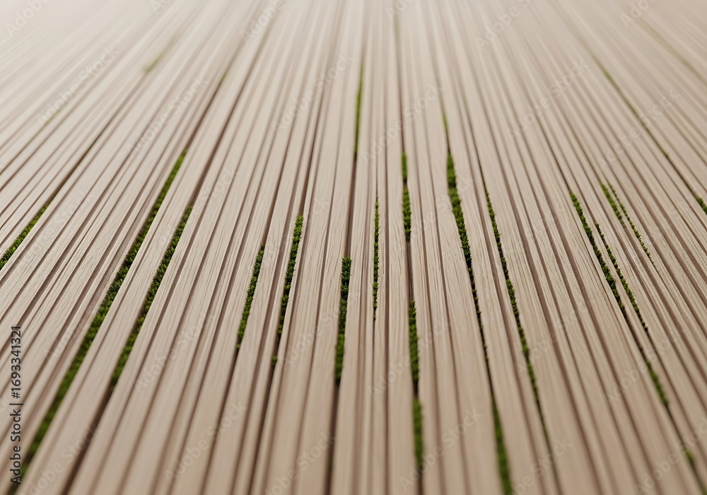 Obraz premium Repeating parallel wooden planks with lush green moss filling the gaps create a harmonious natural pattern full of
