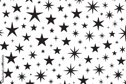 Hand drawn black and white star pattern seamless background with scattered celestial shapes and sparkling light effects