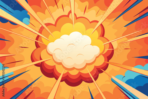 Cartoon Explosion with Radial Lines and Cloud Shape in Yellow Orange Red and Blue Colors on Background